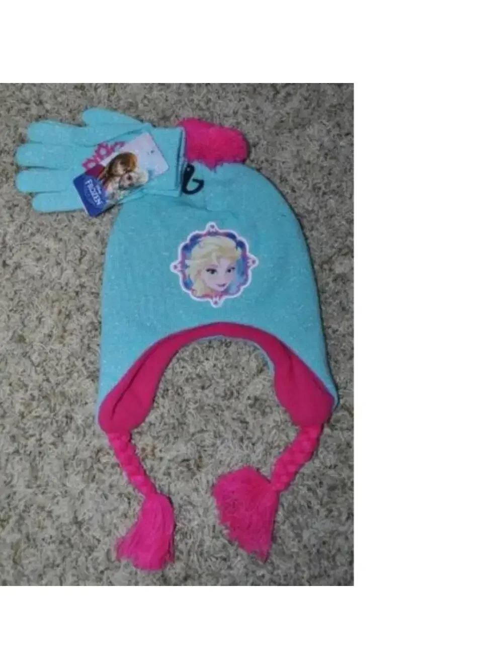 Girls Disney Frozen Elsa Hat & Gloves Blue Pink Trapper Winter 2 Pc Set Kids
